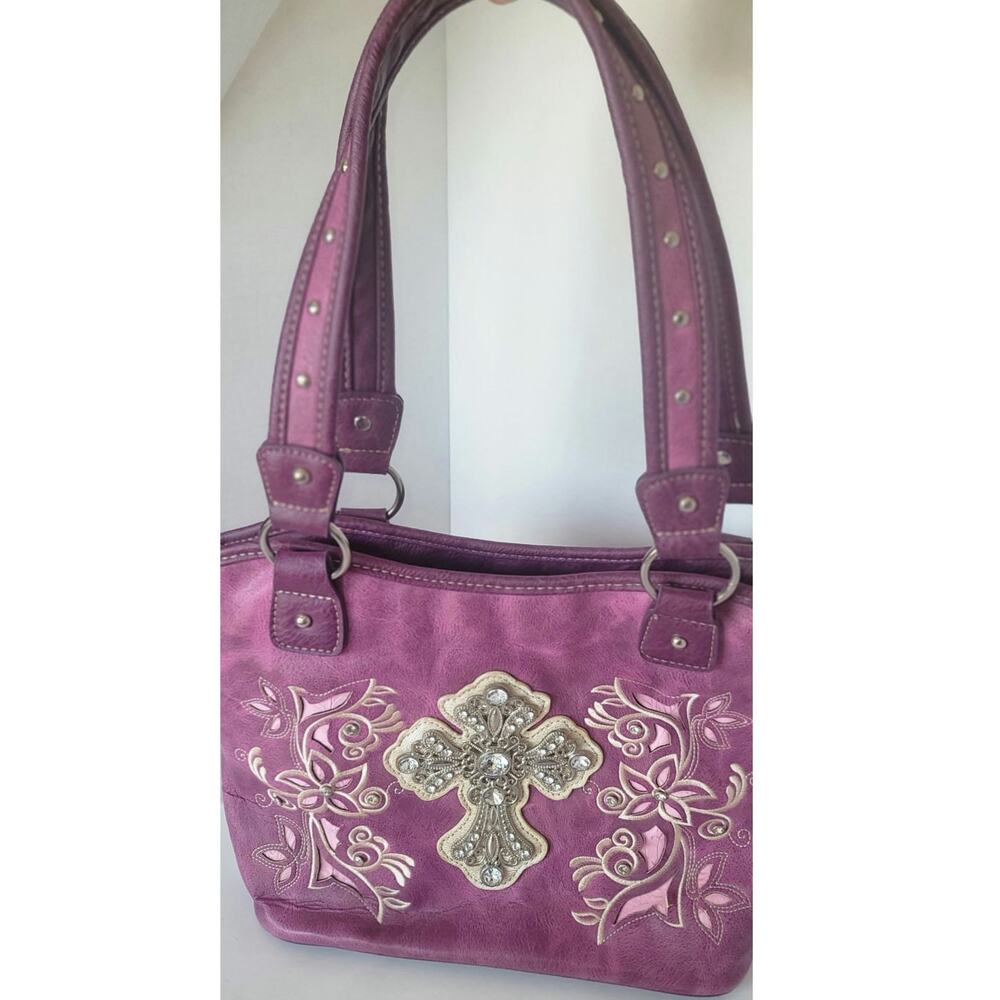 Purple Western Shoulder Bag Floral Embroidery Silver Rhinestone Cross and Rivets